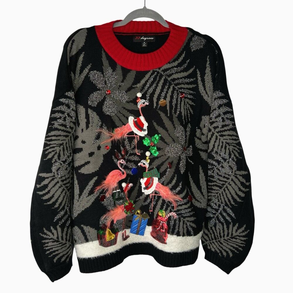 33 Degrees Flamingo Ugly Christmas Sweater Embellished Pink Feathers Size Medium